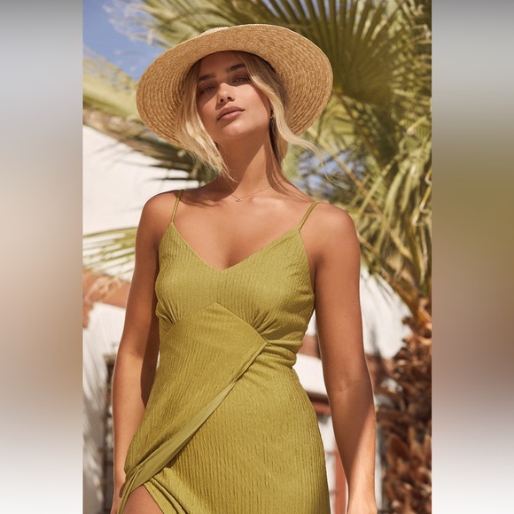 Lulus View and I Chartreuse Tie-Back Faux-Wrap Midi Dress - Picture 2 of 14